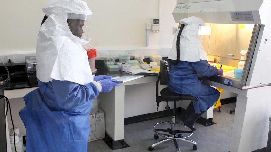 Doctors work in a laboratory on collected samples of the Ebola virus at the Centre for Disease Control in Uganda in 2012.