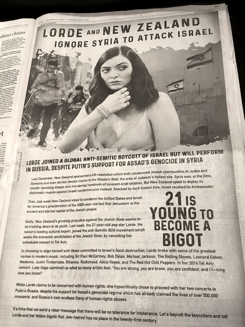 A full page newspaper ad which reads "Lorde and New Zealand ignore Syria to attack Israel".