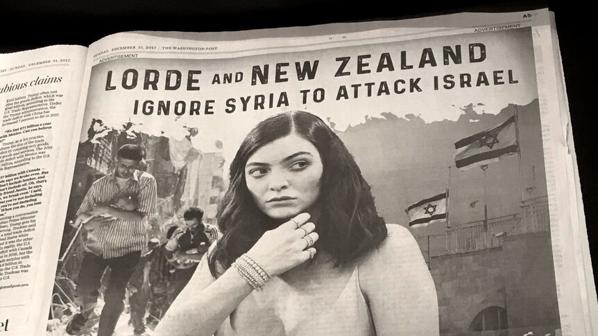 A full page newspaper ad which reads "Lorde and New Zealand ignore Syria to attack Israel".