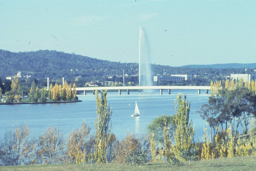 Commonwealth Avenue Bridge with Captain Cook Jet, 1978, Canberra. Richard Clough.