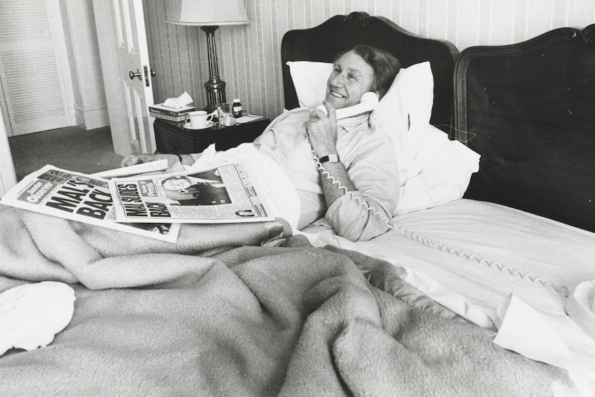 Malcolm Fraser in bed on the phone the morning after an election win.