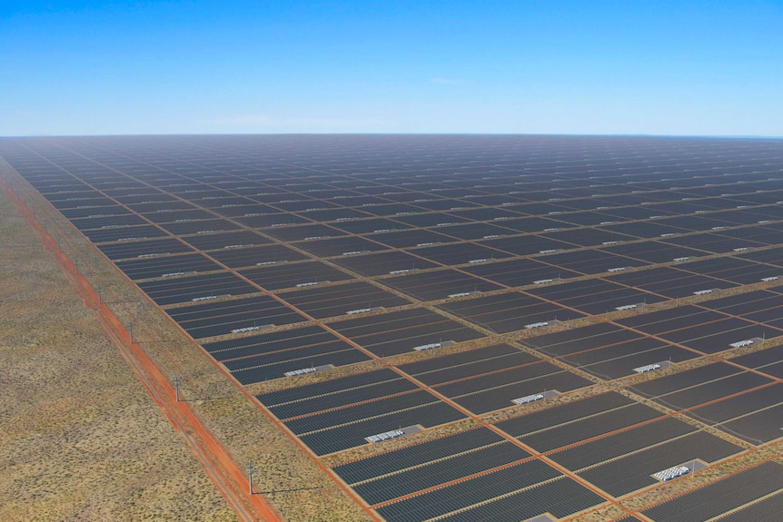 una imagen generada por computadora que muestra una granja solar propuesta en el NT.