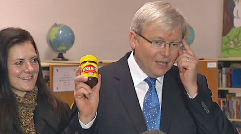 Kevin Rudd with jar of vegemite