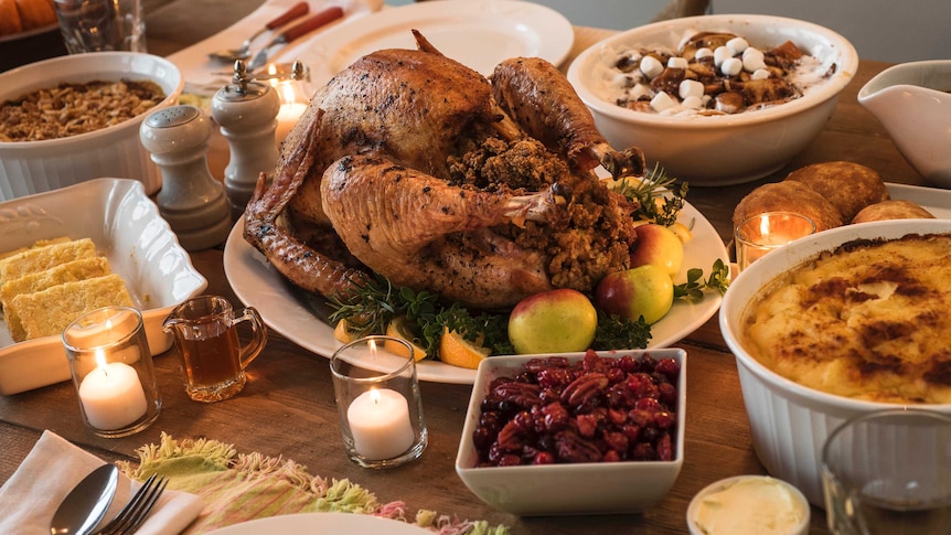 A large cooked turkey surrounded by Thanksgiving side dishes.
