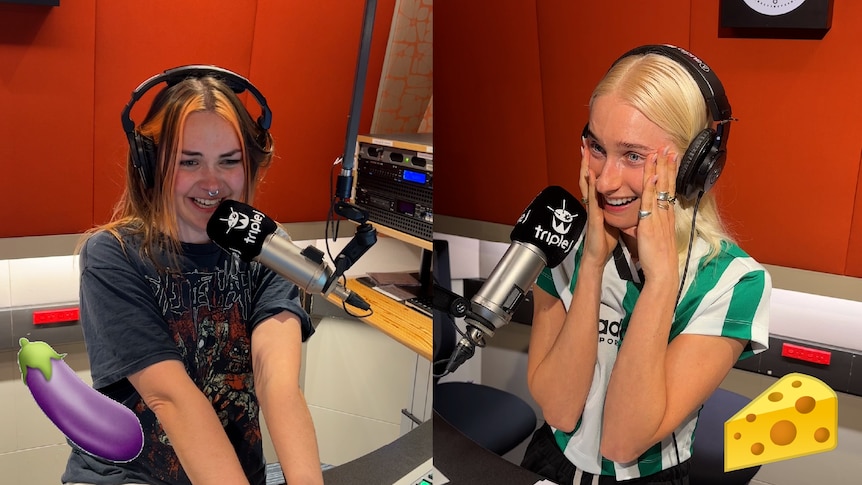 a girl with orange brown hair with head phones on cringes in a studio on right a blonde girl hands on face in shock