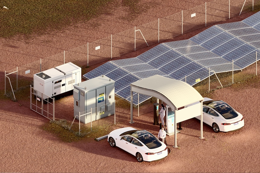 a outback shelter with cars and charging and solar panels