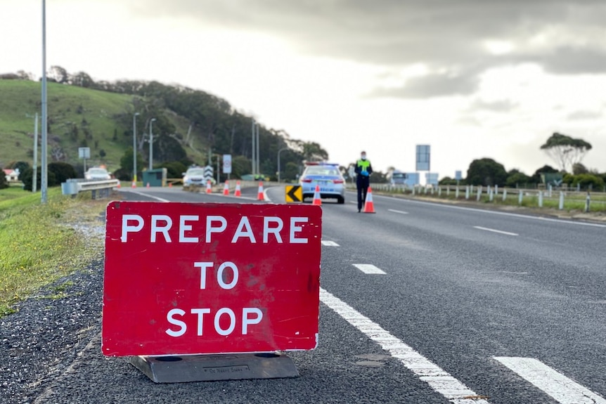 A red stop sign at a coronavirus police checkpoint in Tasmania