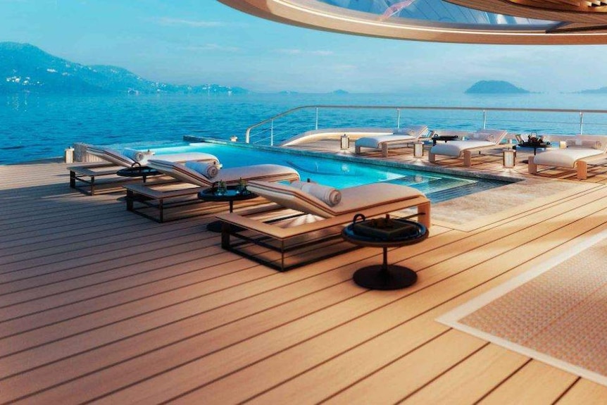 Artists impression of the pool deck on the superyacht shows lounge chairs and an infinity pool.
