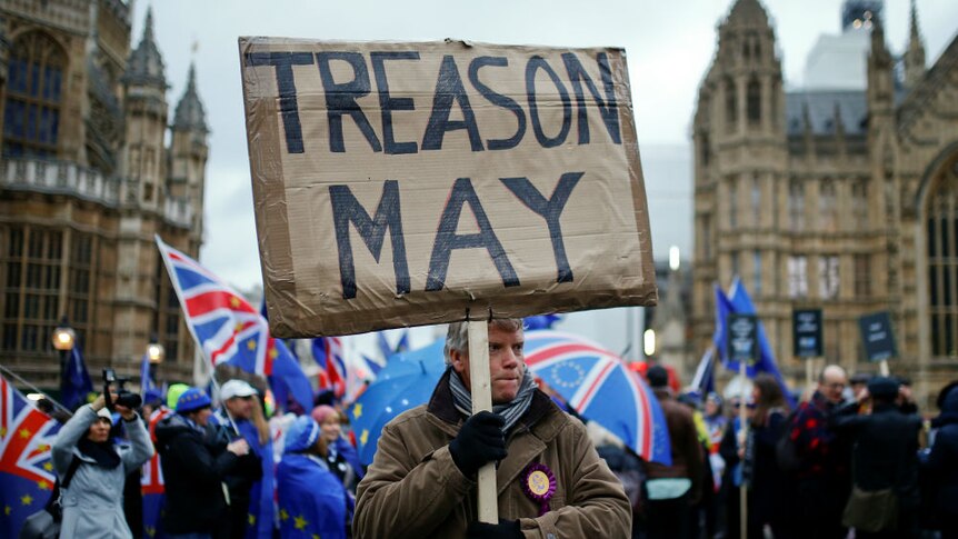 A man holds a sign saying Treason May outside the UK houses of parliament