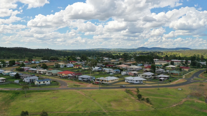 An aerial shot of a small town.