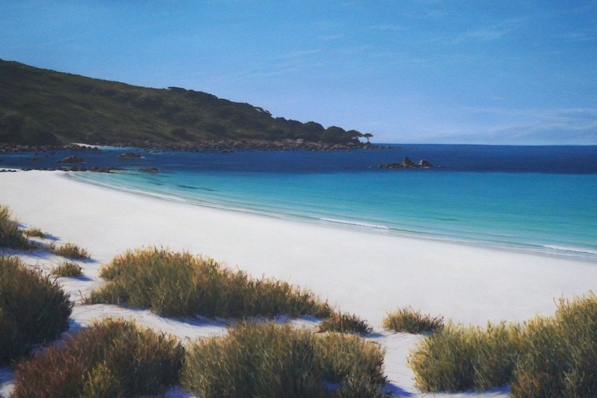 A landscape painting of the beach