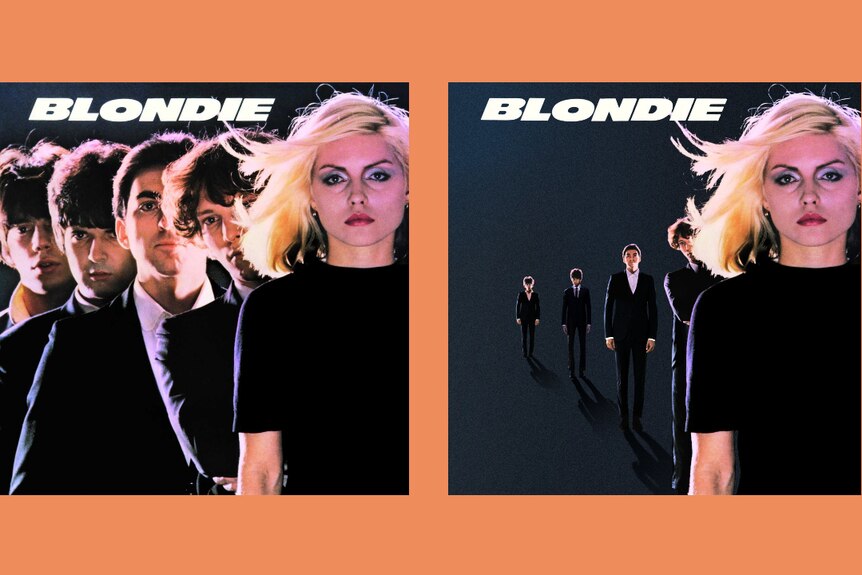 The cover of Blondie album, next to a reworked cover with the figures further apart