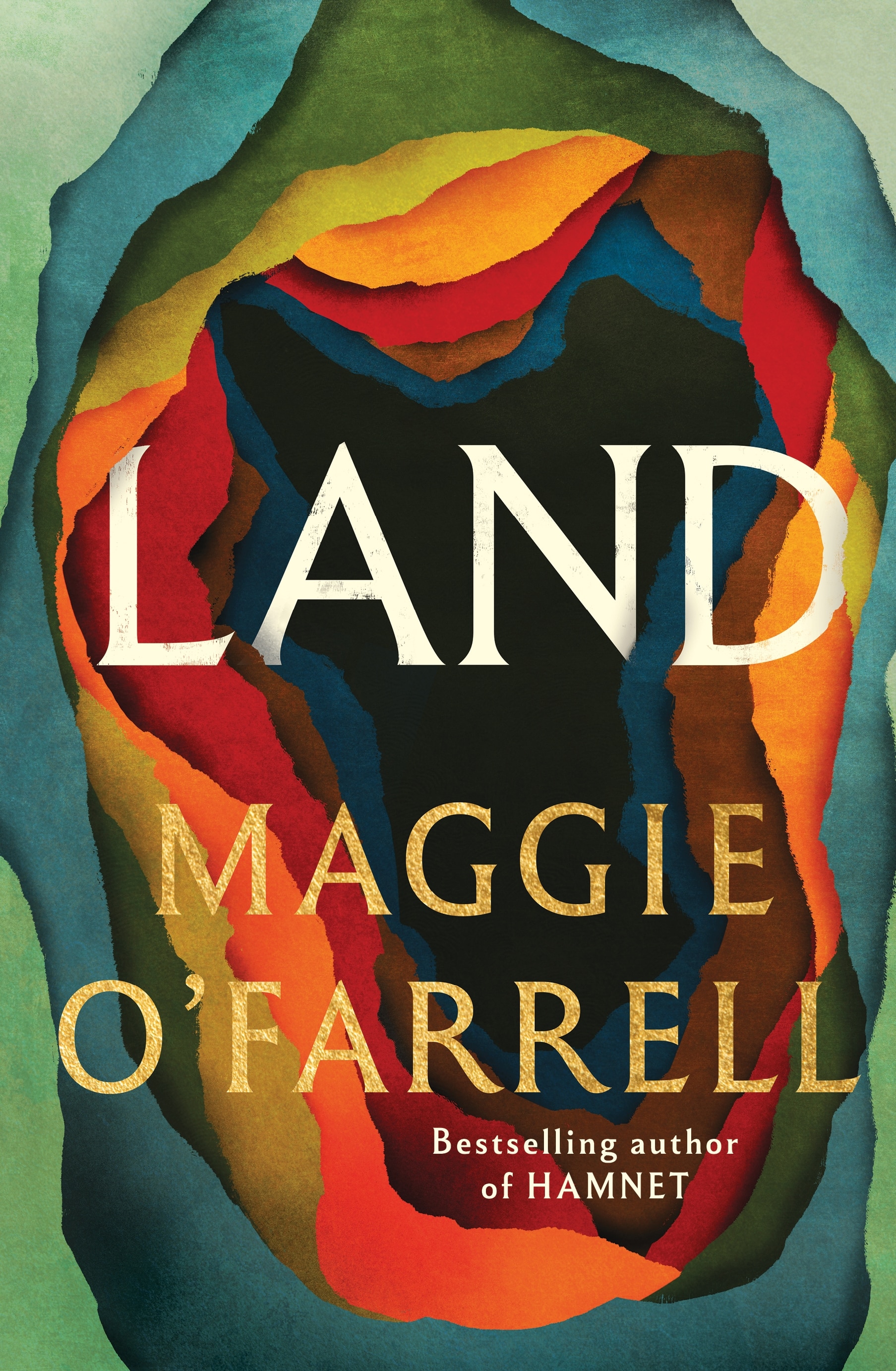 Cover of Land by Maggie O'Farrell, showing a series of holes in decreasing sizes in layers of coloured paper.