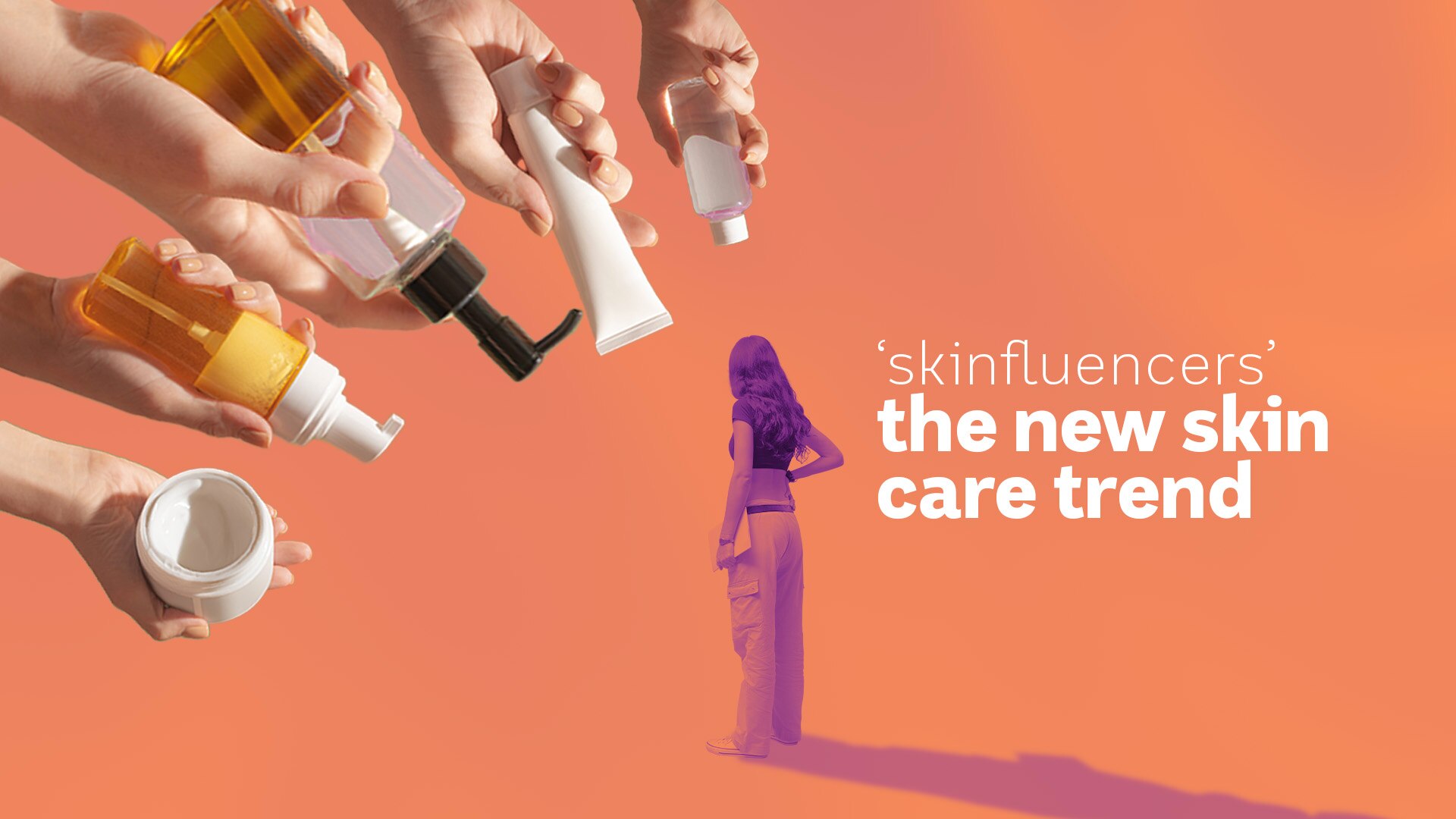 Concept showing a young woman being handed a variety of skin care products.