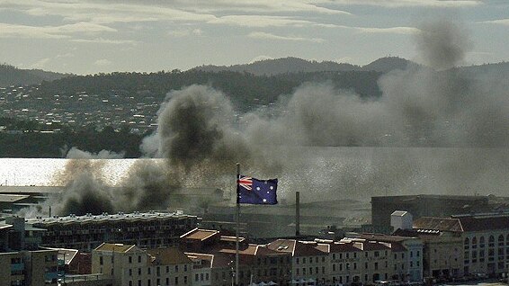 The fire sent smoke billowing over the Hobart waterfront.