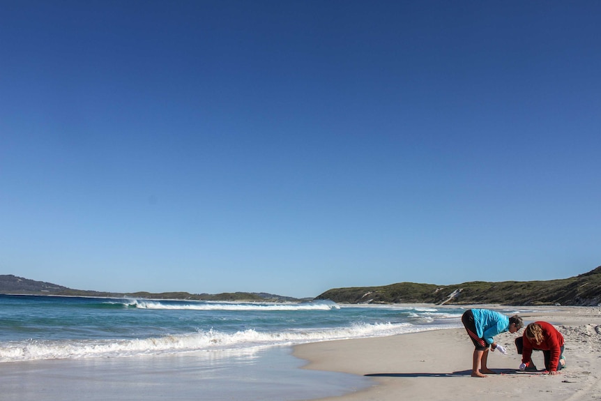 Two women crouch over the sand at the beach looking for something.