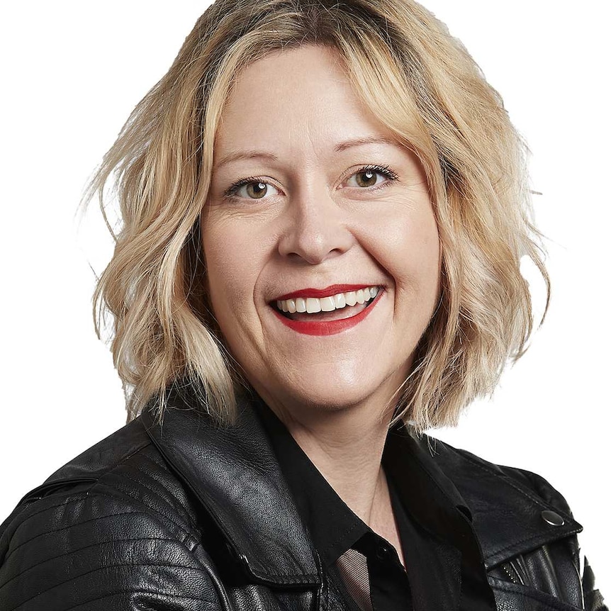 A profile image of a woman with wavy chin-length blonde hair, wearing a black leather jacket.