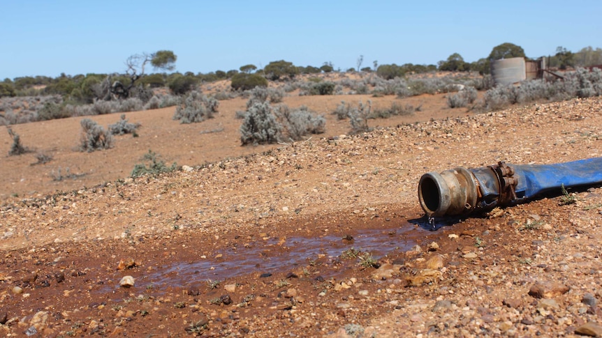 Water drips out onto dry ground on an dry sheep station.