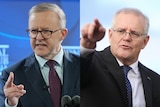 Anthony Albanese and Scott Morrison, both speaking and pointing.