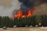 A wildfire burns as evacuees who were stranded north of Fort McMurray head south.