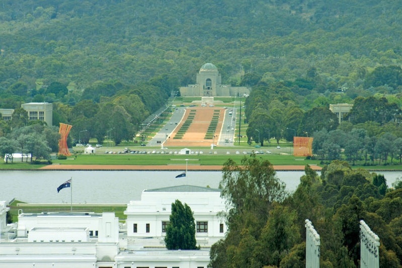 Wide shot of Anzac Parade and the Australian War Memorial in Canberra from Old Parliament House.