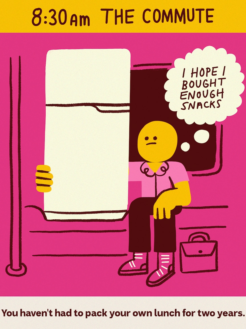 An illustration of a character taking a fridge on the train, wondering if they’ve brought enough snacks to the office.