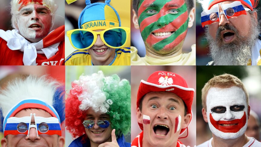 Supporters from various countries at the Euro 2012 football championships.