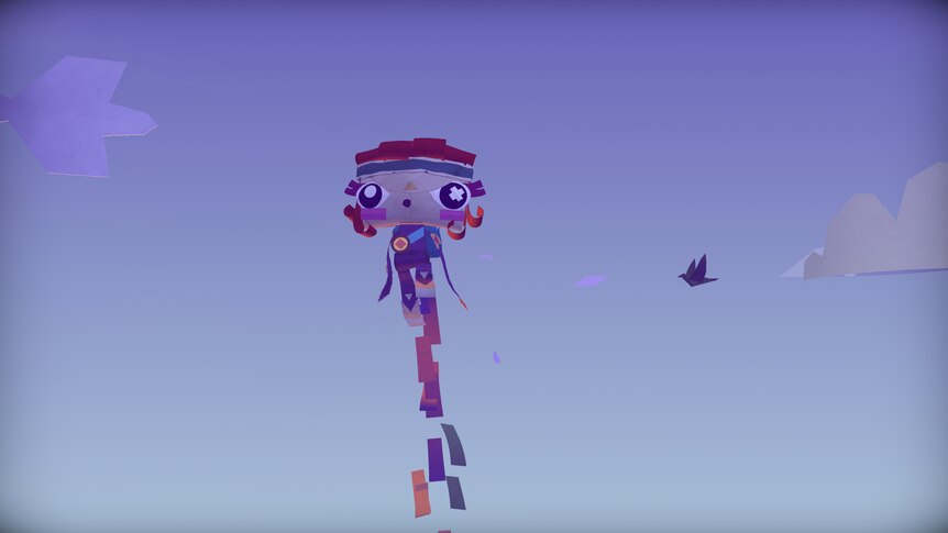An animated character flies into the sky in the video game Tearaway Unfolded.