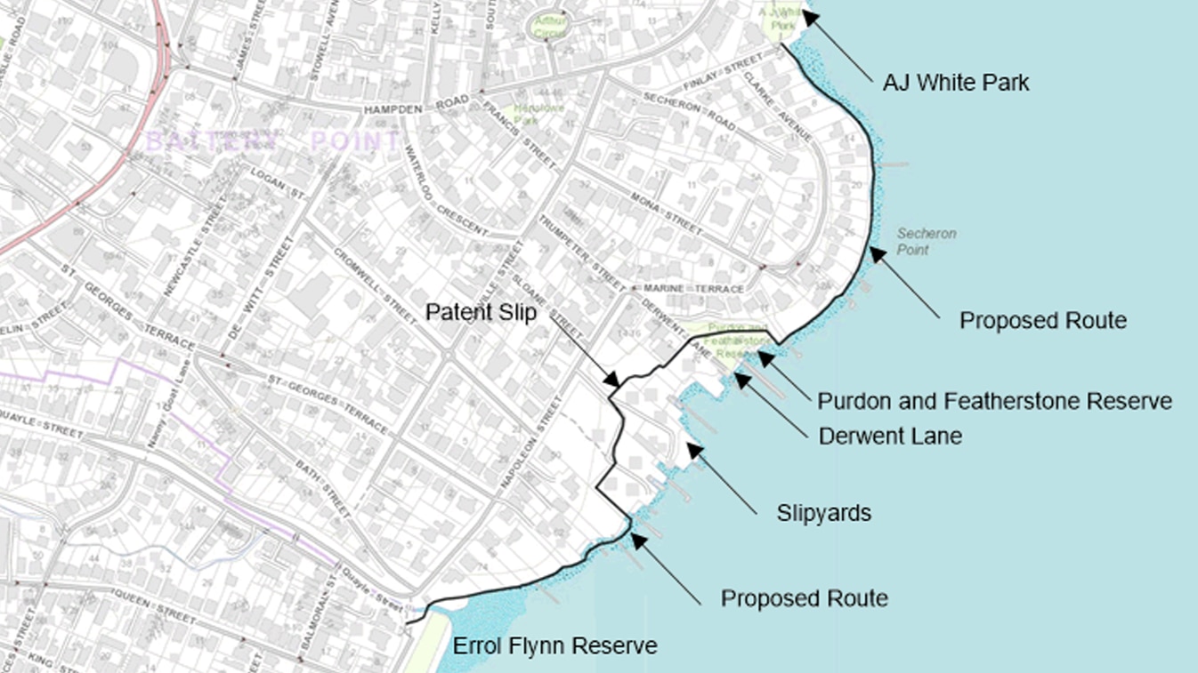A map that shows a proposed route for a walkway from Errol Flynn Reserve to AJ White Park.
