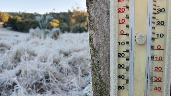 Cold thermometer  showing -6C on fence post and frost in paddock showing -6C.