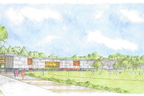 An artist's impression of the new inner west primary state school next with buildings next to an oval, surrounded by trees