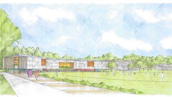 An artist's impression of the new inner west primary state school next with buildings next to an oval, surrounded by trees