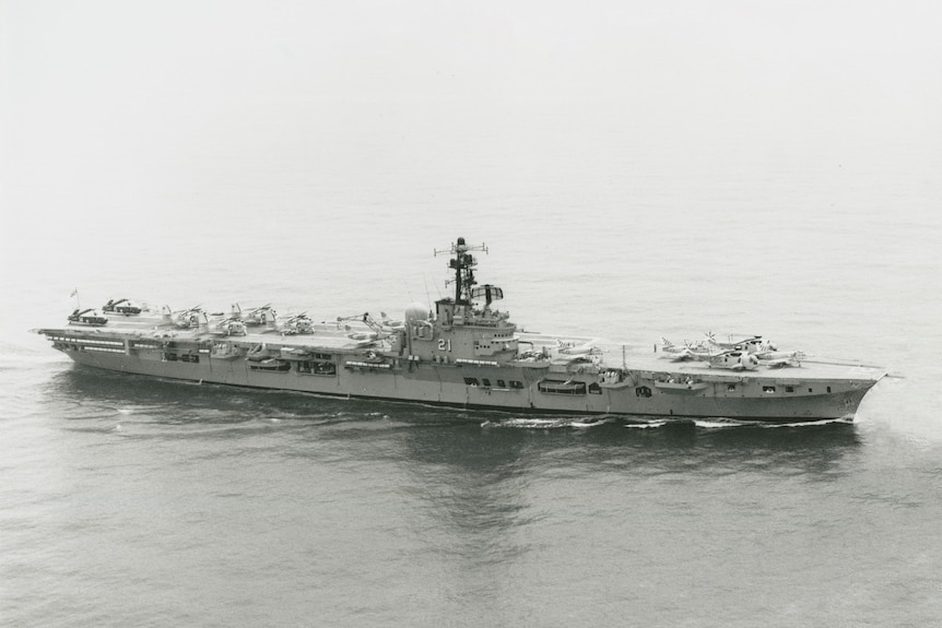 An Australian Royal Navy warship black and white image