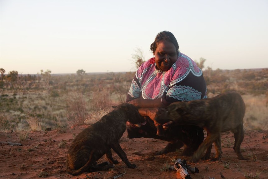 indigenous woman crouching with two dogs in front of bush vista