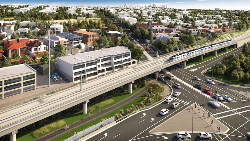 A digital drawing of a raised train line running along a freeway with houses and the city skyline in the background.