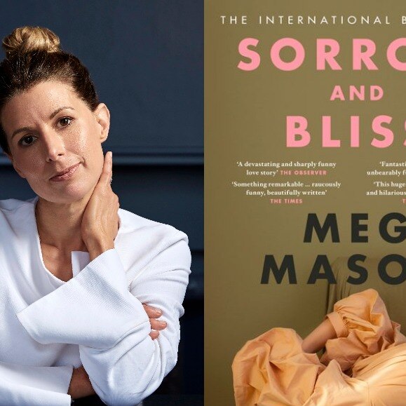 Headshot of Meg Mason on left, book cover of Sorrow and Bliss on right