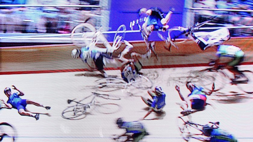Cyclists in the Future Stars Double Kilo Dash crash spectacularly