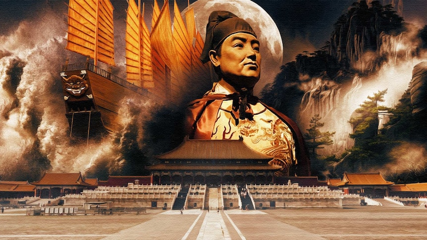 Graphic shows Zheng He next to his boat and in front of the forbidden city.