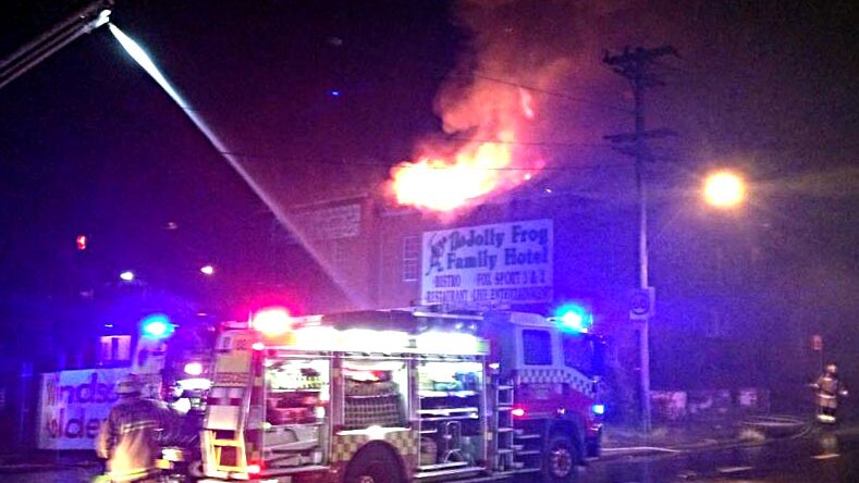 Firefighters tackle a blaze at the Jolly Frog pub.