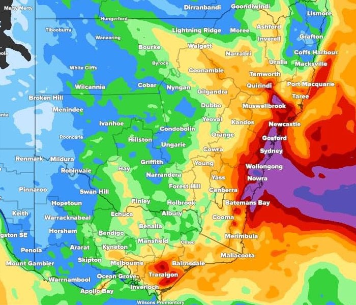 A rainbow map shows predicted downfall