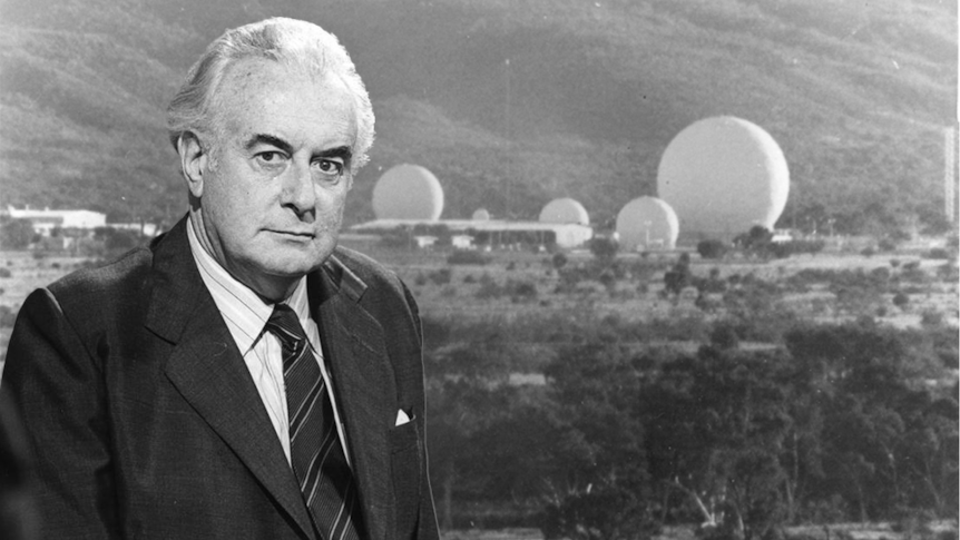 Composite image of Gough Whitlam in front of a shot of Pine Gap, Alice Springs