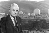 Composite image of Gough Whitlam in front of a shot of Pine Gap, Alice Springs