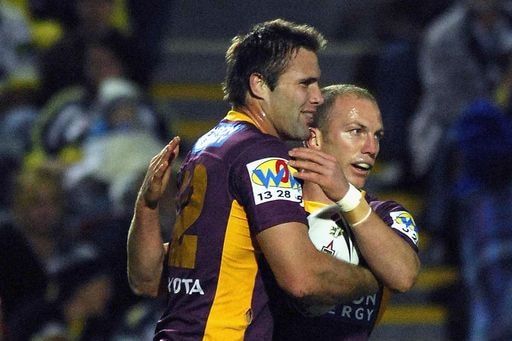 Dane Carlaw and Darren Lockyer celebrate a Broncos try