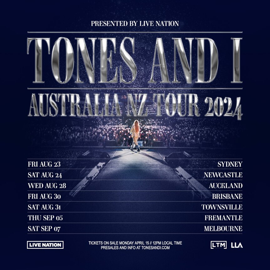 Poster for Tones and I's Australian tour with a photo of her at the end of a stage catwalk at a concert