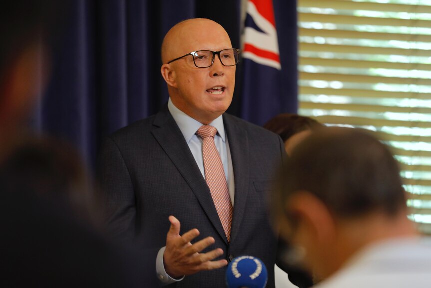Opposition Leader Peter Dutton speaks to the media at a press conference