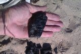 A person holds a piece of coal found washed up on a beach near Mackay.