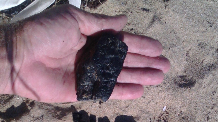 A person holds a piece of coal found washed up on a beach near Mackay.