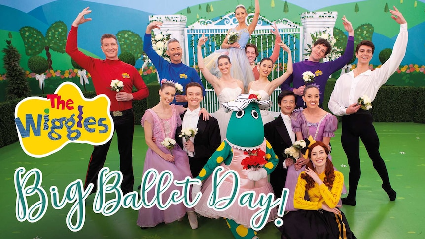 The Wiggles' crew in a ballet pose on set