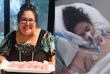 On the left is a photo of Sherene smiling and holding a birthday cake, on the right she is connected to tubes