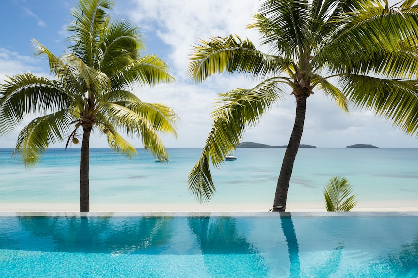 A beachside pool with palm trees in Fiji. 